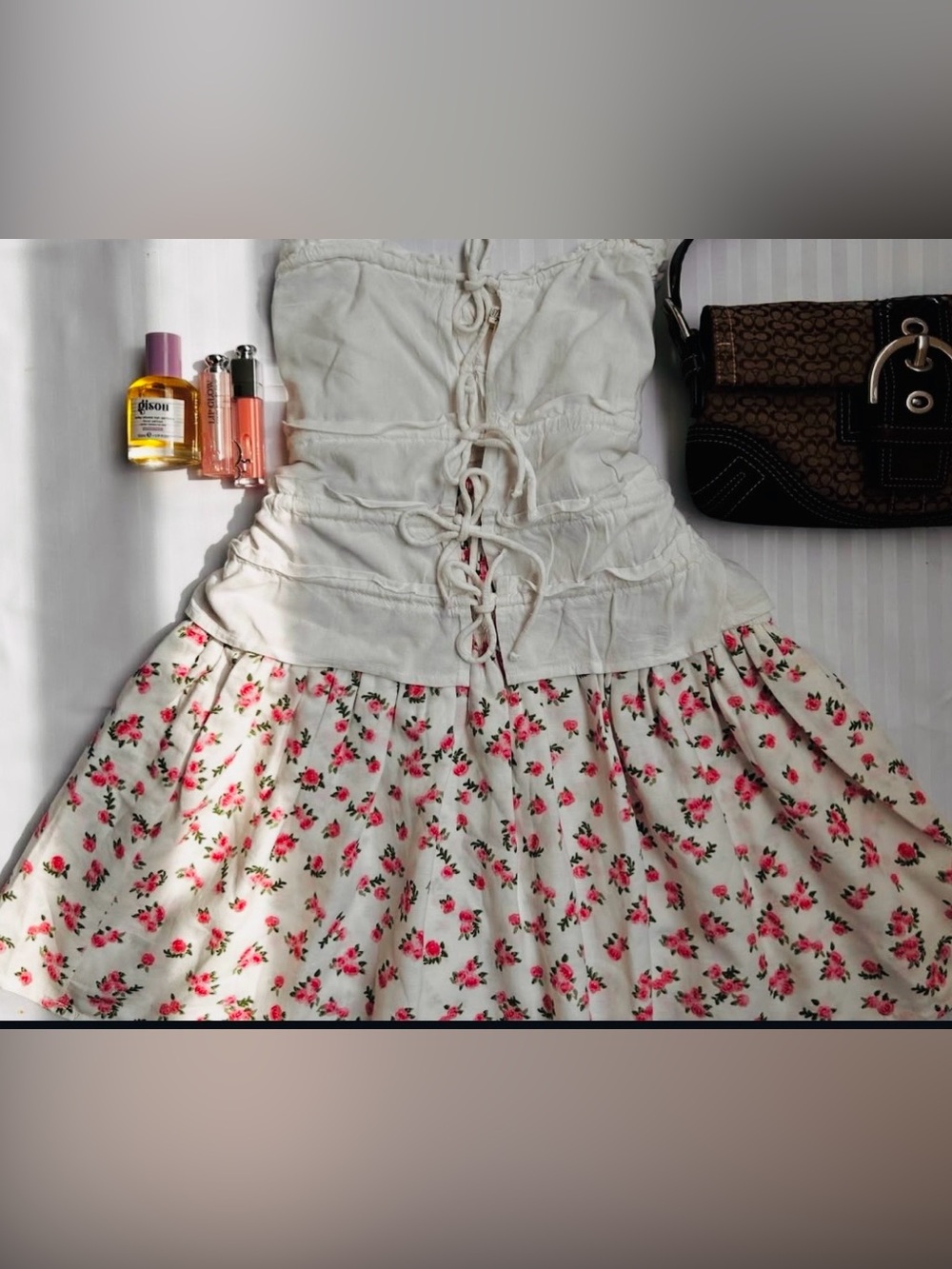 White Floral Mini Skirt with Pink Rose Print